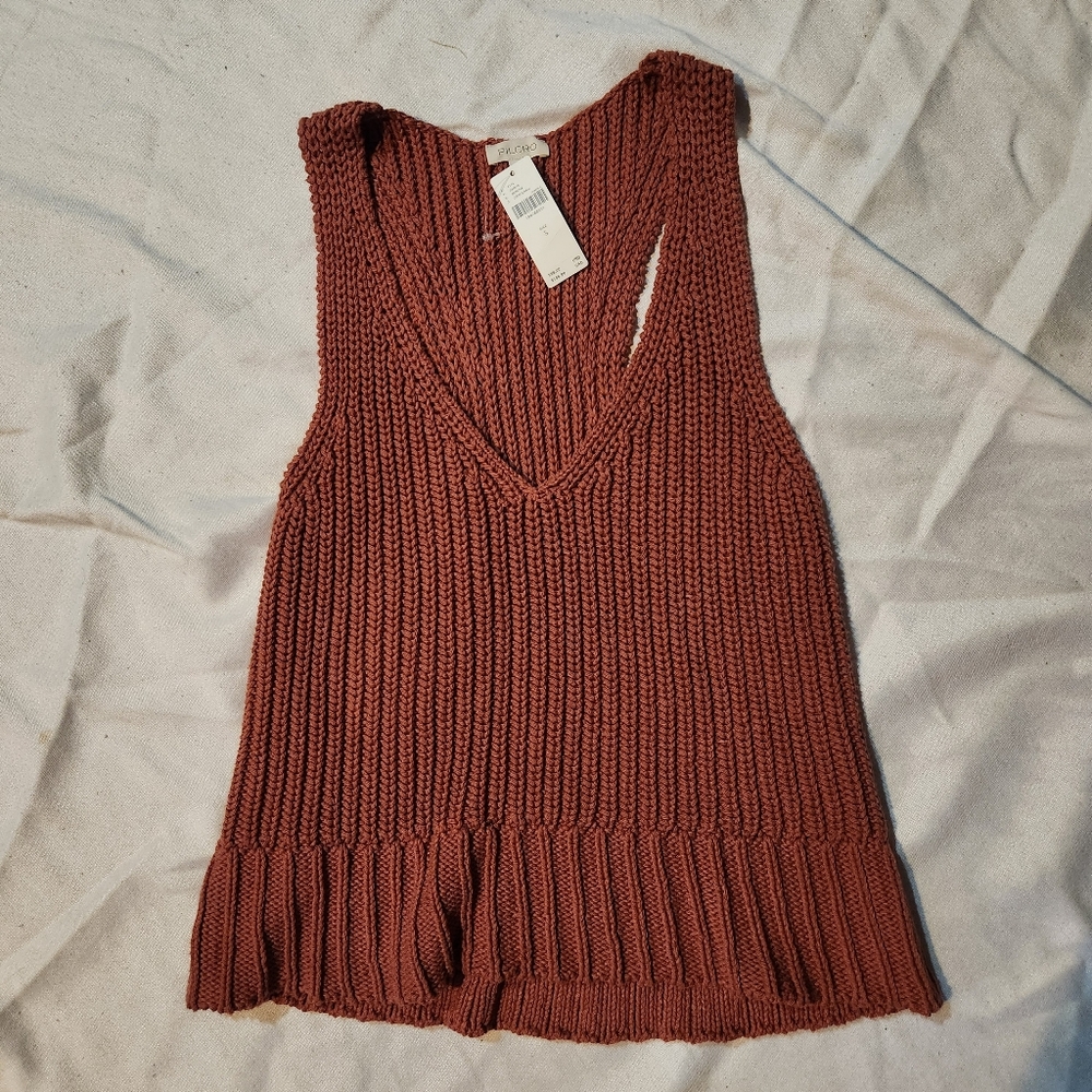 NWT Anthropologie Pilcro V-Neck Ribbed Sweater Tank Top Brick Chunky Knit Size S